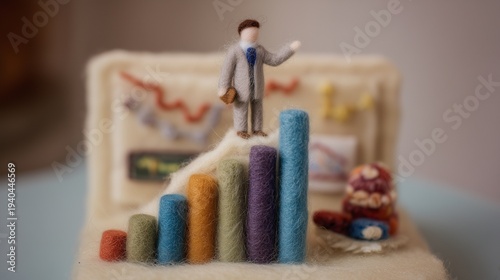 A felted wool figure of a business leader standing on top of a rising bar chart, handcrafted with soft fibers, uneven stitching, and visible textures, set within a miniature diorama of a felt financia