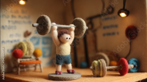A felted wool figure of a weightlifter lifting a barbell overhead, handcrafted with soft fibers, uneven stitching, and visible textures, set within a miniature diorama of a felt gym with tiny weights 