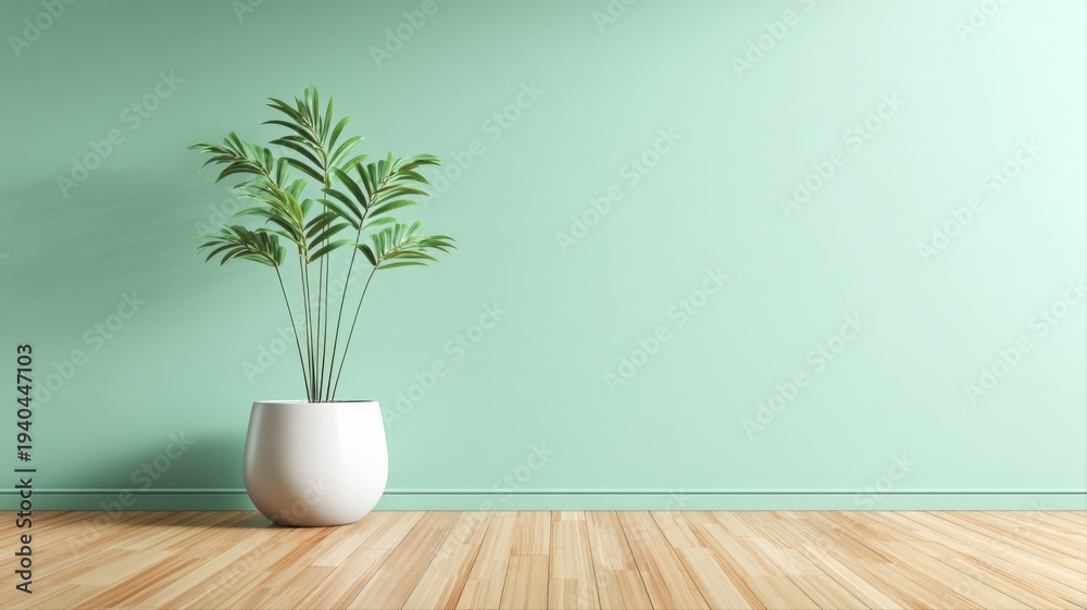 Fototapeta premium Minimalist interior design featuring a potted palm plant against a pastel green wall, perfect for backgrounds