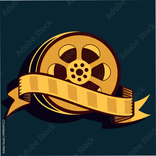 Vintage gold film reel with ribbon banner