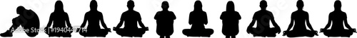 Meditation yoga silhouettes collection with people sitting lotus pose mindfulness relaxation wellness healthy lifestyle flat vector illustration set
