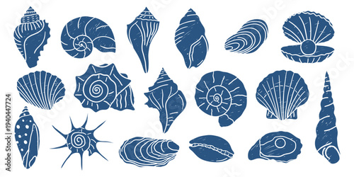 Hand drawn seashell collection. Coastal ocean shell icon set with conch, scallop, nautilus, oyster, clam and spiral shells. Nautical clipart vector illustration.