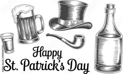 Happy St Patricks Day vintage celebration vector set, Irish beer mug hat and bottle sketch
