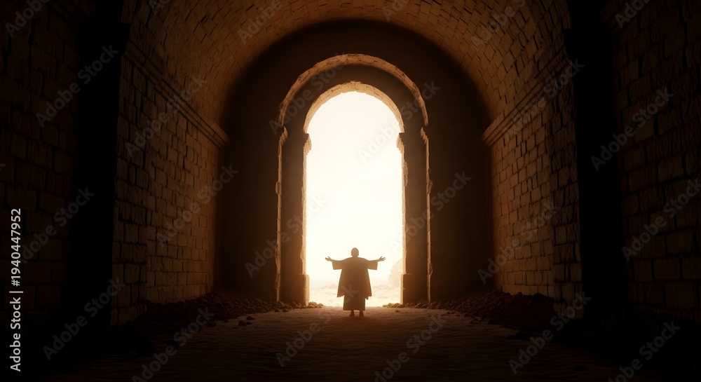 Fototapeta premium Silhouette of Man Standing with Arms Outstretched in Ancient Stone Archway