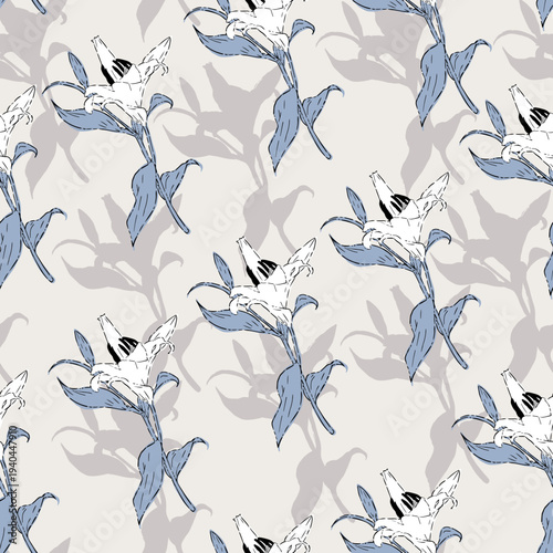 White Lily Botanical Pattern with Leafy Shadows. This botanical design is ideal for textiles, wallpapers, stationery, and sophisticated nature-themed projects.
