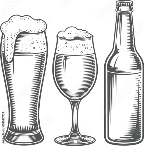 Vintage craft beer glasses and bottle vector illustration, hand drawn sketch icons for brewery and bar