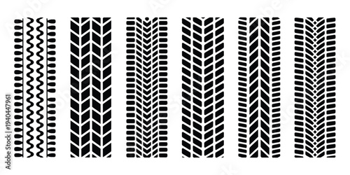 Tire, track set, tire trace collection, vehicle road marks and motion trail symbols, editable vector illustration isolated on transparent background.