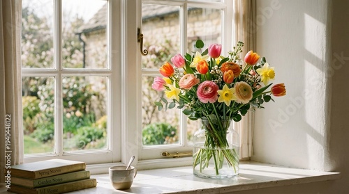 Fresh Spring Flower Bouquet in Glass Vase on White Windowsill