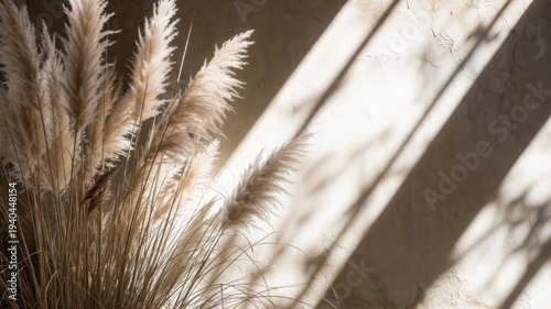 Bunch of dry grass is in the foreground of a white wall. The grass is tall and dry, and it casts a shadow on the wall. Scene is calm and peaceful, as the grass