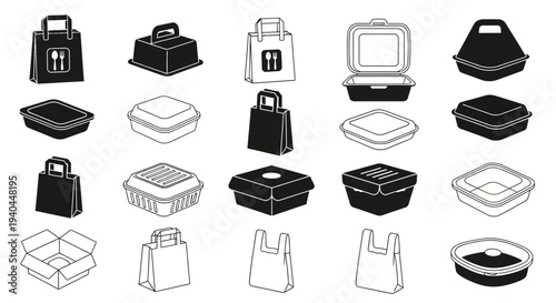 Various food delivery containers and bags vector illustration, flat design