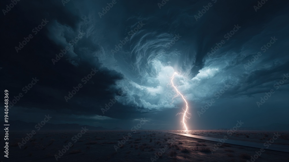 Fototapeta premium Dramatic Lightning Strike Over Water at Night with Stormy Clouds and Powerful Weather Phenomenon
