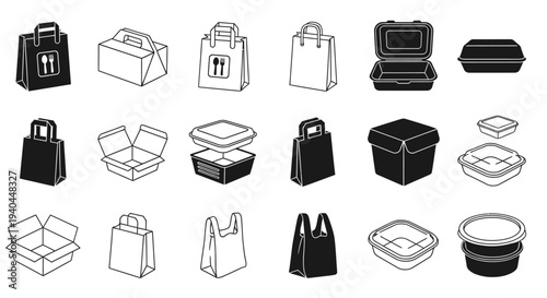 Various food delivery containers and bags vector illustration, flat design