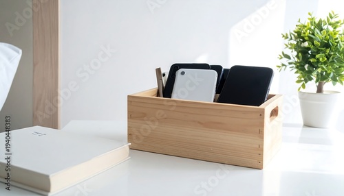 modern wooden desk organizer with smartphones and notebook on white table