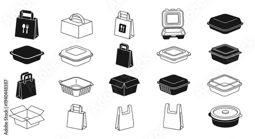 Various food delivery containers and bags vector illustration, flat design