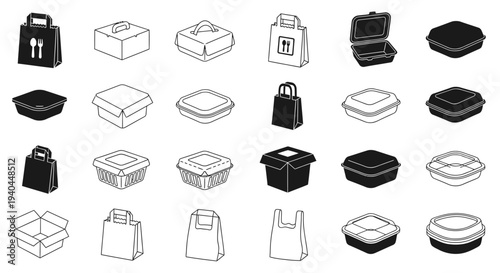 Various food delivery containers and bags vector illustration, flat design