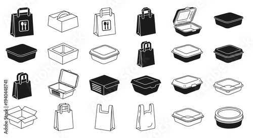 Various food delivery containers and bags vector illustration, flat design