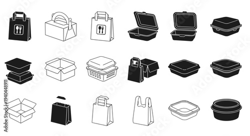 Various food delivery containers and bags vector illustration, flat design