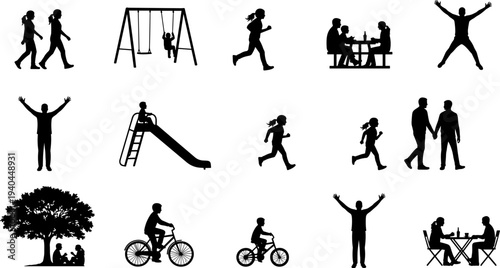 People outdoor activity silhouettes with family walking running cycling playground lifestyle social life flat vector illustration collection set