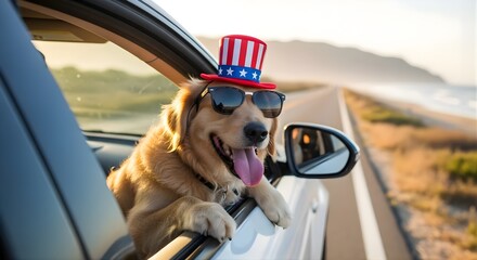 Patriotic Golden Retriever wearing sunglasses and Uncle Sam hat