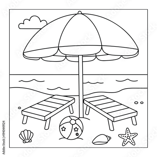 Beach umbrella coloring page with lounge chairs beach ball and seashells by the sea