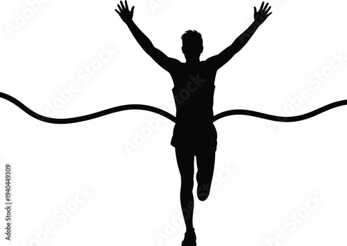 Professional athlete crossing finish line silhouette vector illustration for sports competition success
