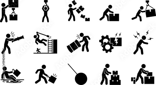 Workplace accident safety hazard warning icons set with worker injury risk construction danger signs collection flat vector illustration