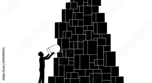 Man silhouette pulls a glowing solution box from a dense stack of dark problem boxes. This powerful conceptual illustration signifies innovative discovery, problem-solving, finding new opportunities, 