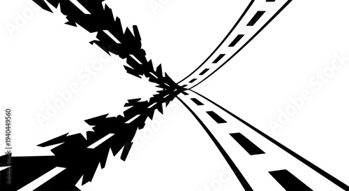 Abstract concept illustration showing two diverging and converging roads with dynamic sharp arrow shapes colliding at a central vanishing point against a clean white background graphic.