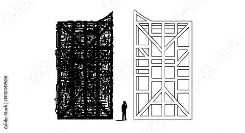 Silhouette of small businessman standing thoughtfully between two abstract architectural wall structures, complex vs simple design choice concept illustrating decision making process.