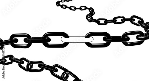 Visual metaphor of a single white link in a strong black metal chain symbolizing connection, unity, partnership, or breaking free from limitations against a simple background.