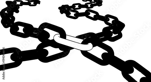 Strong metal industrial chain links connected together with one contrasting white link symbolizing unity, connection, security, and a crucial element in a complex system structure.