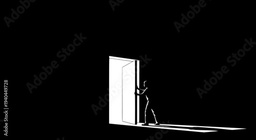 Man pushing open bright doorway from dark room symbolizing opportunity, change, challenge, or breakthrough against rough textured black and white background wall.