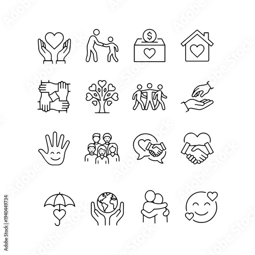 Charity, volunteering, and community support line icon set. Vector symbols of donation, empathy, teamwork, and global care.