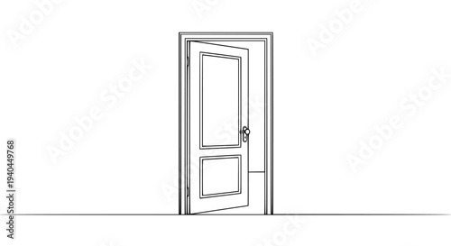 Line art illustration of an interior house door slightly ajar, symbolizing new opportunities, entry, exit, transition, or opening to a bright future, perfect for concept design.