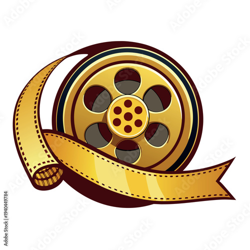 Vintage gold film reel with ribbon banner