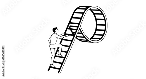 Man climbing a ladder that loops into a hamster wheel structure, symbolizing the endless struggle or treadmill of modern corporate life, routine challenges, and repetitive efforts towards unattainable