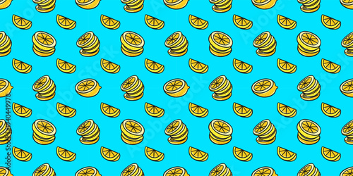 Bright lemon seamless pattern with sliced citrus fruit and lemon halves on blue background