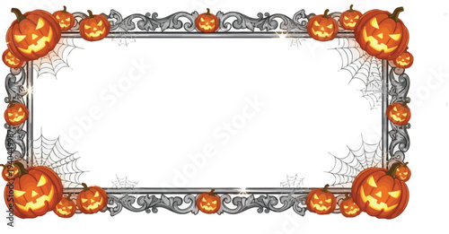 A spooky Halloween frame with jack-o-lanterns and spider webs on a white background