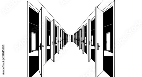Long symmetrical corridor with numerous open doors on both sides, leading towards a distant perspective, depicting choices, opportunities.