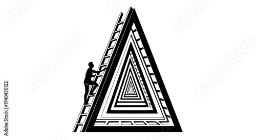Silhouette person climbing a ladder on an abstract geometric triangular structure symbolizing a challenging path towards infinite opportunities. This minimalist illustration represents progress, growt