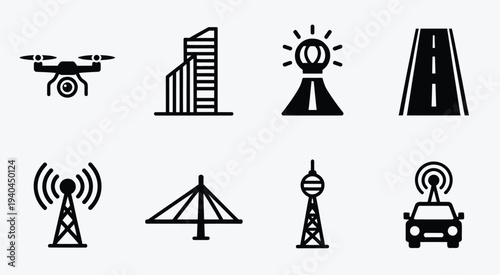 Urban, icons collection of drone, city buildings, and telecom tower, representing modern infrastructure, communication, and aerial monitoring, clean editable vector design.