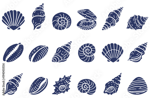 Hand drawn seashell outline icon set