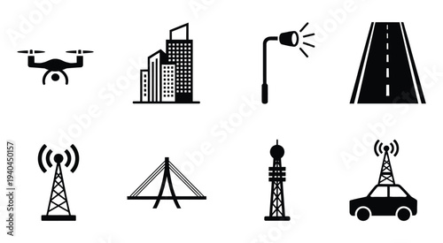 Urban, infrastructure icons set featuring drone, buildings, and communication tower, smart city and technology concept, editable vector illustration isolated on transparent background.