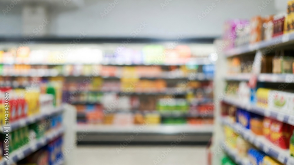 Obraz premium Store with a lot of food and drinks on the shelves. The store is empty and the shelves are full
