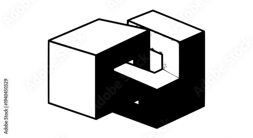 Interlocking cubes form an abstract geometric shape in a minimalist black and white isometric illustration. This modern 3D graphic represents connection, integration, puzzle pieces.