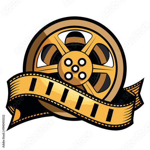 Vintage gold film reel with ribbon banner