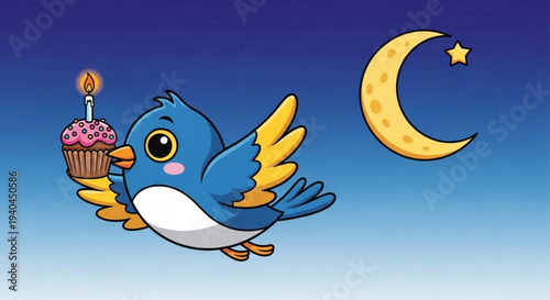 Cartoon blue bird holds cupcake with lit candle under crescent moon and star at night