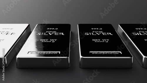 Elegant fine silver ingots with glossy metallic reflections. Perfect luxury background for fintech, finance and premium branding. Seamless loop animation, part of series.