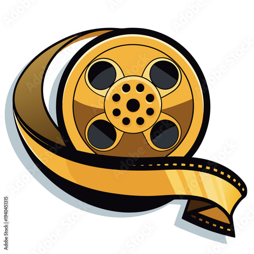 Vintage gold film reel with ribbon banner