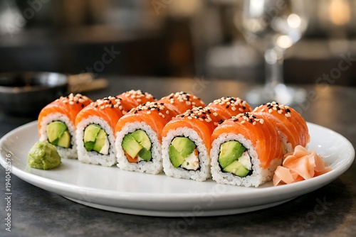 Six Colorful Avocado and Crab California Sushi Rolls with Sesame Seeds on White Plate